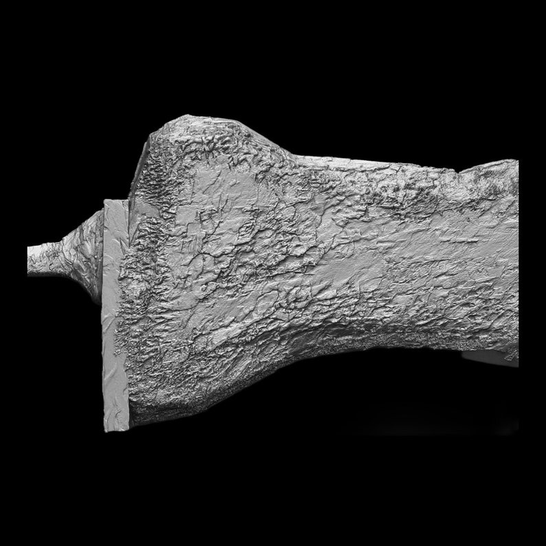 May include: A close-up of a grey, textured, wooden sculpture. The sculpture is shaped like a long, thin arm with a hand at the end. The hand is curled into a fist.