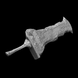 May include: A silver-coloured sword with a textured surface and a sharp point. The sword has a curved blade and a handle.