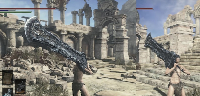 May include: A large, black and silver sword with a curved blade. The sword is being held by a person in a ruined stone building.