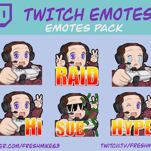 May include: A digital art pack of Twitch emotes featuring a cartoon character with various expressions. The emotes include the words "RAID", "HI", "SUB", and "HYPE". The image also includes the text "TWITCH EMOTES EMOTES PACK" and social media handles.
