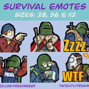 Puede incluir: Seis ilustraciones de dibujos animados de personajes con diferentes atuendos y expresiones. Los personajes llevan cascos y máscaras. El texto "SURVIVAL EMOTES" está en la parte superior de la imagen. El texto "SIZES: 28, 56 & 112" está debajo del título. El texto "TWITTER.COM/FRESHMIKE63" está en la parte inferior izquierda de la imagen. El texto "TWITCH.TV/FRESHMIKE63" está en la parte inferior derecha de la imagen.