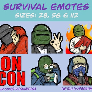 Op de afbeelding: Een set van zes digitale illustraties van een personage met een groene helm en verschillende uitdrukkingen. Het personage draagt een rood jack, een zwart pak, een witte robe, een groen jack en een rood jack. De illustraties zijn gelabeld met "Survival Emotes" en "Maten: 28, 56 & 112".