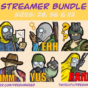 May include: A set of six cartoon-style digital stickers featuring characters wearing gas masks. The stickers include text such as "EHH", "HMM", "YUS", "RAID", and question marks. The stickers are available in three sizes: 28, 56, and 112.