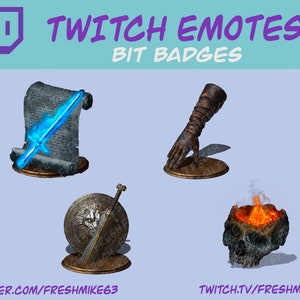 Op de afbeelding: Vier Twitch-emote-bit-badges met een blauw zwaard in een rol, een bruine leren handschoen, een schild met een zwaard en een schedel met vuur erin. De tekst "Twitch Emotes Bit Badges" staat bovenaan de afbeelding.