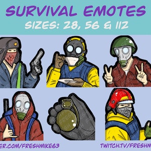Puede incluir: Seis ilustraciones de dibujos animados de personas que llevan máscaras de gas y otros equipos de supervivencia. Las ilustraciones están en diferentes poses y tienen diferentes expresiones faciales. El texto "SURVIVAL EMOTES" y "SIZES: 28, 56 & 112" está en la parte superior de la imagen. El texto "TWITTER.COM/FRESHMIKE63" está en la parte inferior izquierda de la imagen. El texto "TWITCH.TV/FRESHMIKE63" está en la parte inferior derecha de la imagen.