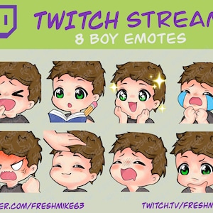 Boy Twitch Emotes , 8 Boy Emotes, Twitch Emotes, Discord Emotes, YouTube Emotes, Male Emotes, Green eyes, Brown Hair, Black Shirt