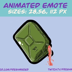 Puede incluir: Bidón de gasolina animado verde y negro con un líquido rojo que sale del pico. El bidón tiene el número 107. El texto "ANIMATED EMOTE SIZES: 28, 56, 112 PX" está en la parte superior de la imagen. El texto "TWITTER.COM/FRESHMIKE63" está en la parte inferior izquierda de la imagen. El texto "TWITCH.TV/FRESHMIKE63" está en la parte inferior derecha de la imagen.