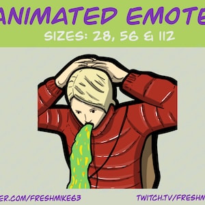 May include: Animated emote of a person with blonde hair wearing a red jacket, holding their head and vomiting green and yellow vomit. The text "ANIMATED EMOTE" and "SIZES: 28, 56 & 112" is at the top of the image. The text "TWITTER.COM/FRESHMIKE63" is at the bottom left of the image and "TWITCH.TV/FRESHMIKE63" is at the bottom right of the image.