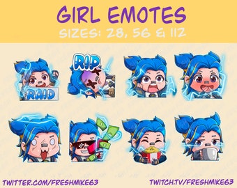 May include: A set of eight blue and yellow animated emoticons with different expressions. The emoticons are in a cartoon style and feature a female character with blue hair and a white shirt. The text "GIRL EMOTES" is at the top of the image. The text "SIZES: 28, 56 & 112" is below the title. The text "TWITTER.COM/FRESHMIKE63" is at the bottom left of the image. The text "TWITCH.TV/FRESHMIKE63" is at the bottom right of the image.