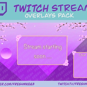 May include: Purple Twitch stream overlay template with a pink cherry blossom design. The overlay includes a "Stream starting soon..." section and a chat box.