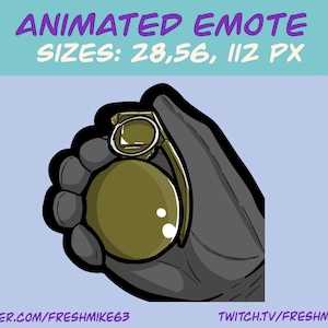 Puede incluir: Emote animado de Twitch de una mano sosteniendo una granada verde con un pasador negro. El emote está disponible en tres tamaños: 28, 56 y 112 píxeles.