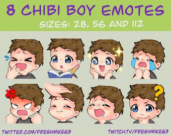 Emotki Twitch Boy, 8 emotek Boy, Emotki Twitch, Emotki Discord, Emotki YouTube, Emotki męskie, Niebieskie oczy, Brązowe włosy, Czarna koszula