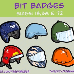 Puede incluir: Seis diseños de cascos diferentes para insignias de bits. Los cascos son de varios colores, incluyendo azul, verde, rojo, naranja y blanco. El texto "BIT BADGES" está en la parte superior de la imagen, y el texto "SIZES: 18, 36 & 72" está debajo.