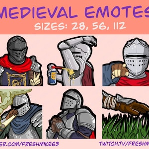 Peut inclure: Six émojis différents de chevalier médiéval avec diverses expressions et poses. Les émojis sont dans un style cartoon et présentent un chevalier en armure argentée avec une cape rouge. Les émojis sont disponibles en trois tailles : 28, 56 et 112.