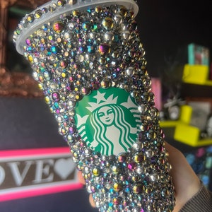 Black Ice Sparkles Tumbler Cold Cup with Exquisite Pearls, AB Crystals and Bedazzling Rhinestones