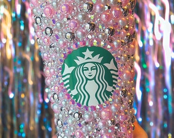 COTTON CANDY Vibes Tumbler Cold Cup with Pink, Grey, Silver Pearls and AB Crystals and Rhinestones