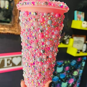Pretty Pink Sparkles Tumbler Glazed in Gorgeous Pink, Silver and Grey Pearls, Crystals & Rhinestones