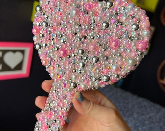 Heart Shaped Mirror Glazed in Pretty Pink, Grey and Silver Pearls. Sparkling with AB Crystals / Rhinestones Gorgeous Gifts
