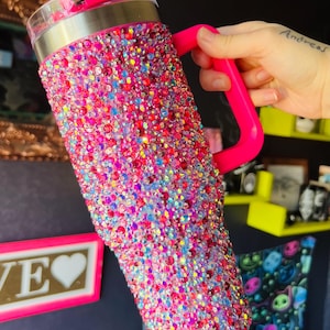 Huge Stanley Style Tumbler Decorated in Hot Pink and Blue Crystals, Opals and  Rhinestones. Unique and Rare!