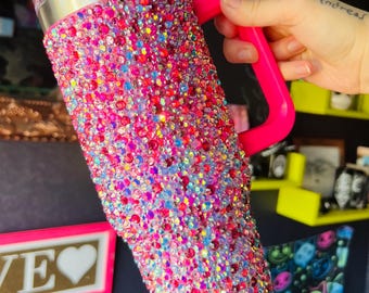 Copo térmico estilo Stanley com strass, cristais rosa e azul, 1,18 L (40 oz)