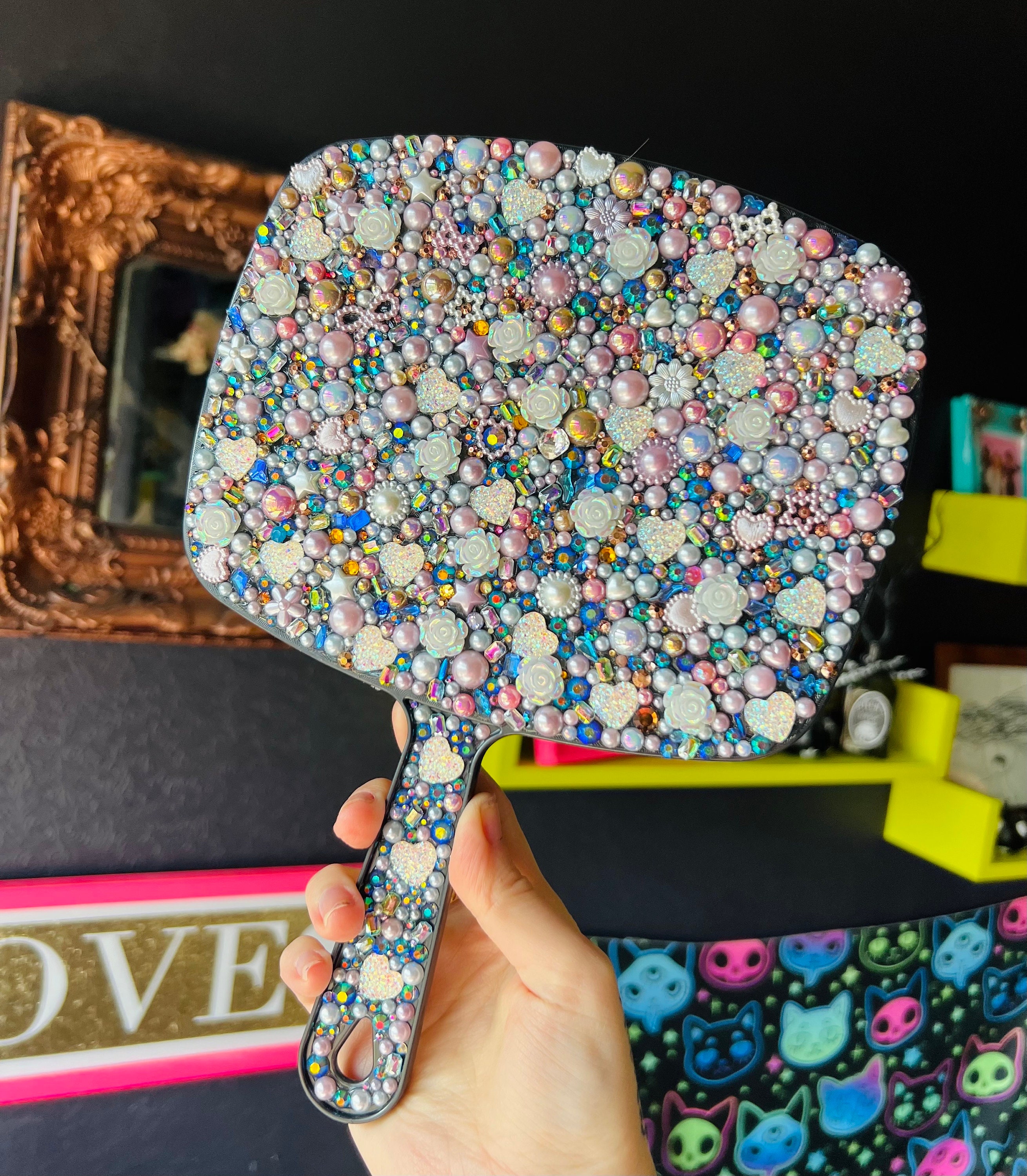 Handmade Bejeweled Handheld Mirror With Pearls, Gems  display picture 2