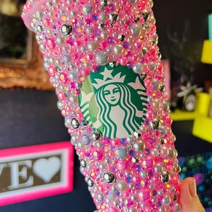 Pink, Silver & Grey Crystals, Pearls and Rhinestones embellished  Tumbler / Cold Cup. Hot Pink, Irredescent Grey Vibes