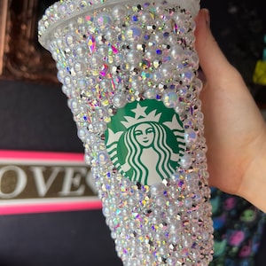 BEDAZZLED ICED BLING Tumbler Cold Cup with Gorgeous Ab Crystals Irredescent Icy White Pearls and Exquisite White & Silver Rhinestones