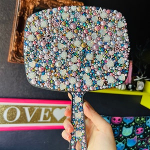 Large Handheld Mirror with Gorgeous Pearls, Gems and Rhinestones / AB Crystals