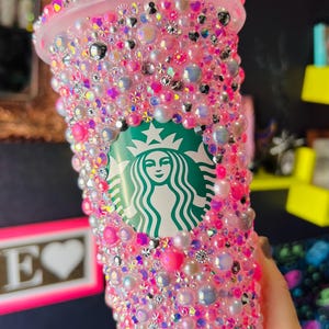 COTTON CANDY Starbucks Tumbler Cold Cup with Pink, Grey, Silver Pearls and AB Crystals and Rhinestones