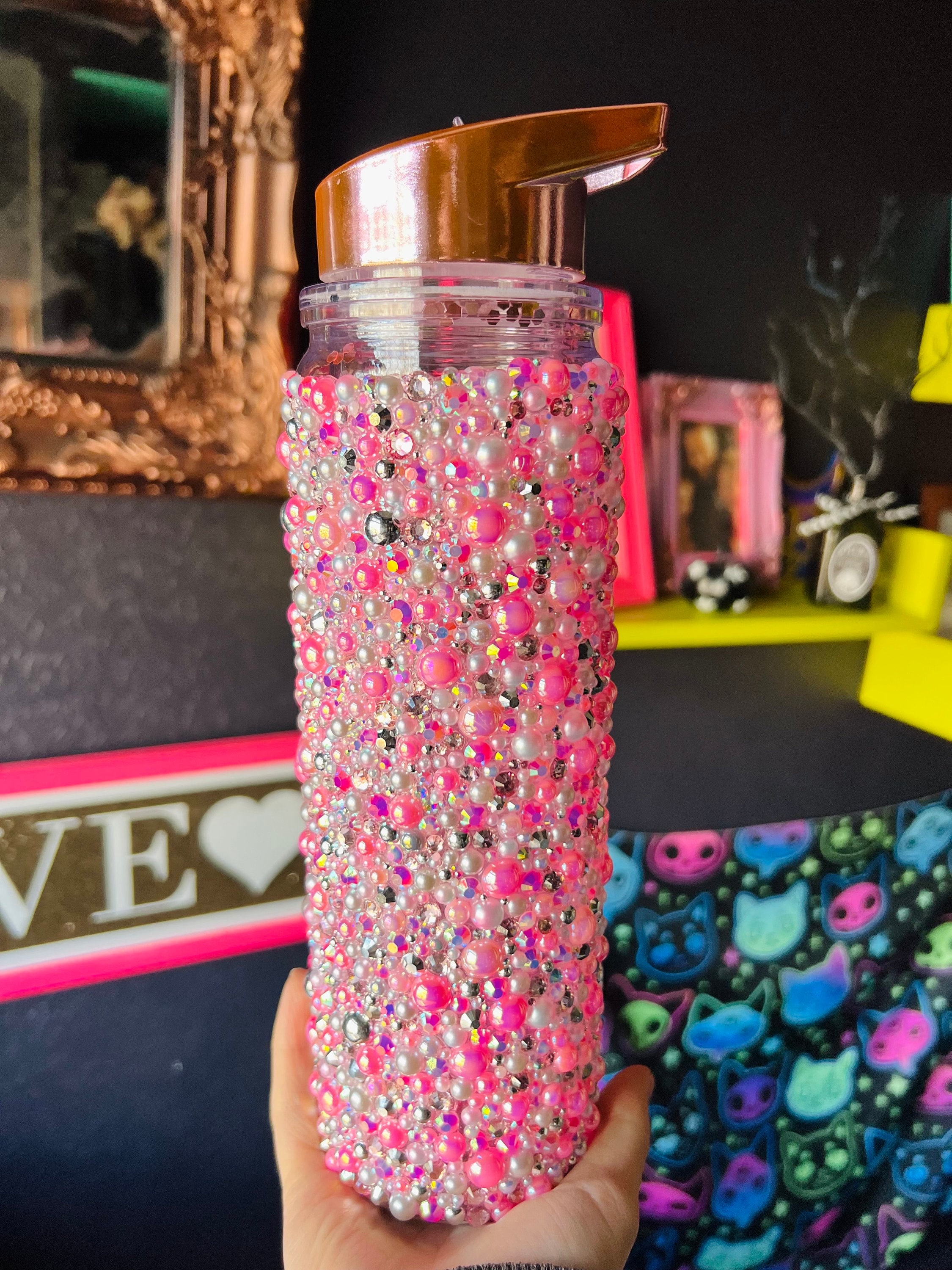 Pink Princess Rhinestone Pink Princess Rhinestone Tumbler, Iridescent Pearls, Bling Water Bottle ...