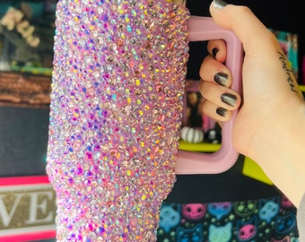 Copo térmico com strass, detalhes brilhantes em rosa e roxo, 1,18 litro (40 oz) em aço inoxidável.