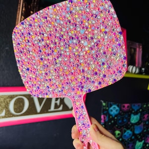 Gorgeous Handheld Mirror Covered in Beautiful Lilac, Pink and Purple Rhinestones, Crystals and Heart Gems