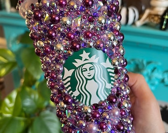 Purple Rhinestone Pearl Starbucks Tumbler, Embellished Cold Cup