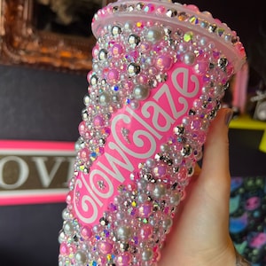 PERSONALISED Rhinestone Tumbler / Cold Cup Blinged Out With Gorgeous Pink Rhinestones and Pearls.