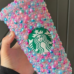 UNICORN Inspired Cold Cup Tumbler with Baby Pink and Blue Pearls, AB Crystals and Rhinestones Unique and Perfect for a Gift!