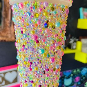 Rainbow Glow Tumbler Cold Cup Embellished  with Pearls, Gems  and Rhinestones