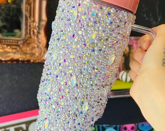 Enorme vaso esmaltado con deslumbrantes cristales AB, perlas estilo ópalo y adornos de diamantes de imitación, hermoso regalo de boda / cumpleaños.