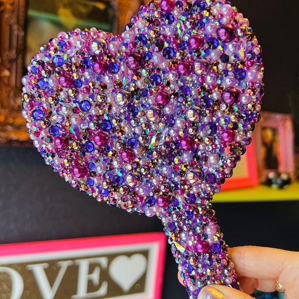 Handheld Mirror Drenched in Stunning Purple Crystals, Rhinestones and Pearls