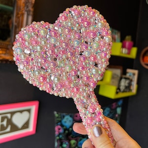 Heart Shaped Mirror Glazed in Pretty Pink, Cream and Ivory Pearls. Sparkling with AB Crystals / Rhinestones Gorgeous Gifts