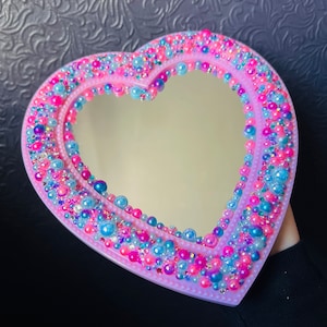 PINK HEART Mirror Unicorn Vibes, with Rhinestones Crystals and Pearls Wall Mount or Free Standing!