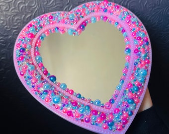 PINK HEART Mirror Unicorn Vibes, with Rhinestones Crystals and Pearls Wall Mount or Free Standing!