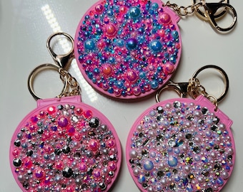 Porte-clés Miroir Perles Roses & Grises Étincelantes avec Cristaux Ab / Strass Magnifique Cadeau !