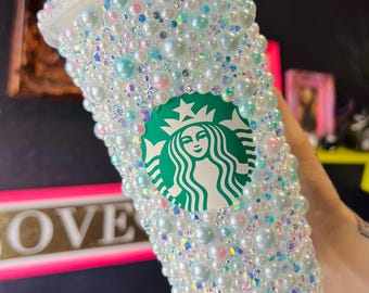 Pastel Princess Starbucks Cold Cup Tumbler with Mint Green, Iced White and Pastel Turquoise Pearls and Rhinestones