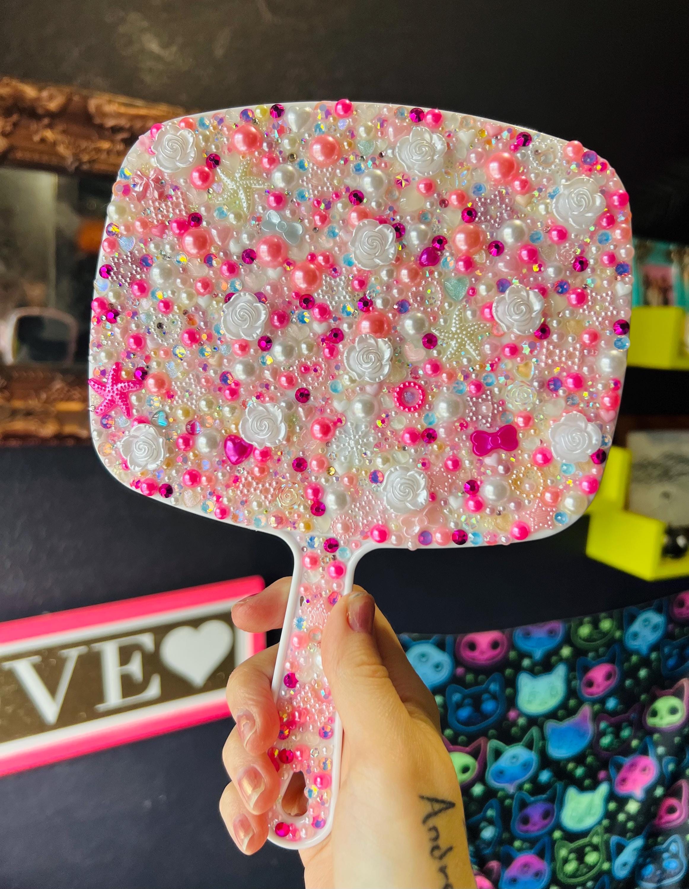 Handmade Bejeweled Handheld Mirror, Pearls, Rhinestones, AB Crystals