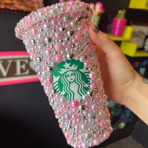 COTTON CANDY Starbucks Tumbler Cold Cup with Pink, Grey, Silver Pearls and AB Crystals and Rhinestones