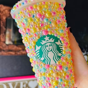 RAINBOW VIBES Tumbler with Pink, Lilac,  Teal and Bright Yellow Irredescent Pearls & Super Sparkly Rainbow Rhinestones