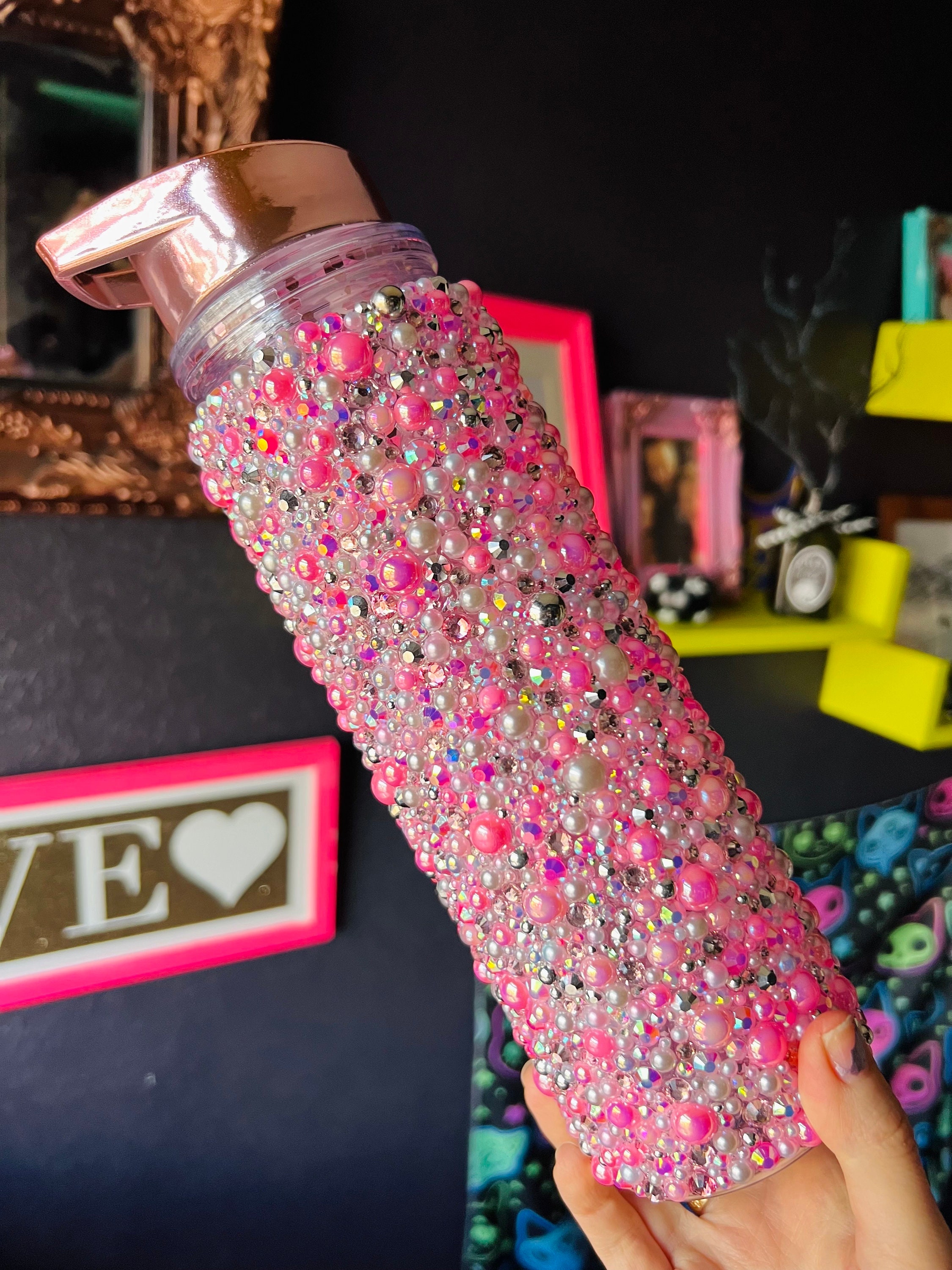Pink Princess Rhinestone Pink Princess Rhinestone Tumbler, Iridescent Pearls, Bling Water Bottle ...