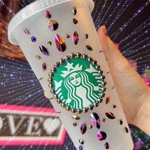 Glamoween Starbucks Tumbler Cold Cup Embellished with Sparkling Iridescent Pearls, Crystals and Rhinestones in a Lustrous Rainbow