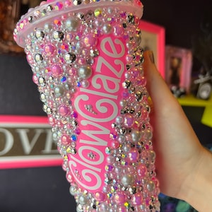PERSONALISED Rhinestone Tumbler / Cold Cup Blinged Out With Gorgeous Pink Rhinestones and Pearls.