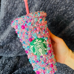 STUNNING UNICORN DREAMS Starbucks Tumbler Cold Cup with Gorgeous Pink, Hot Pink and Baby Blue Pearls and Rhinestones